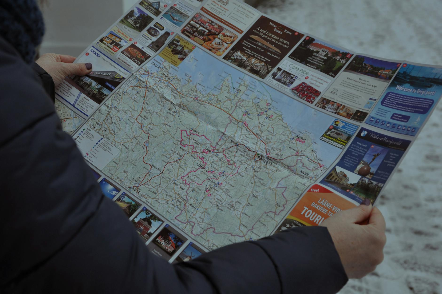 Overhead view of a Stockholm tourist map with pins marking attractions